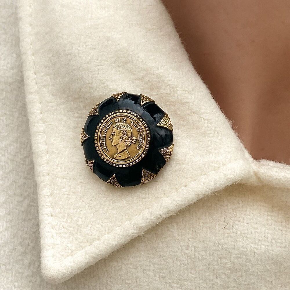 Midcentury Schrager Queen Elizabeth 11 Regina vintage coin brooch.